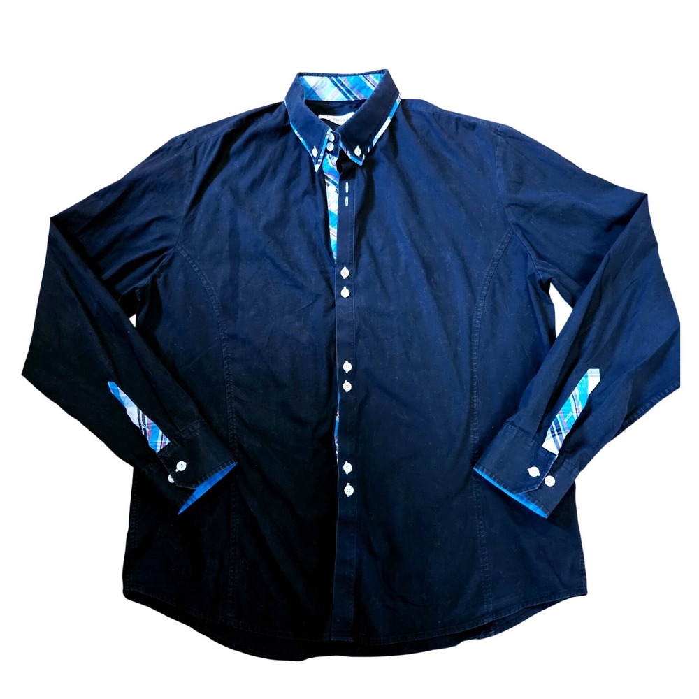 Toms Ware Mens XL Black Button Down Shirt Blue Pink Plaid Contrast Trim Long Slv